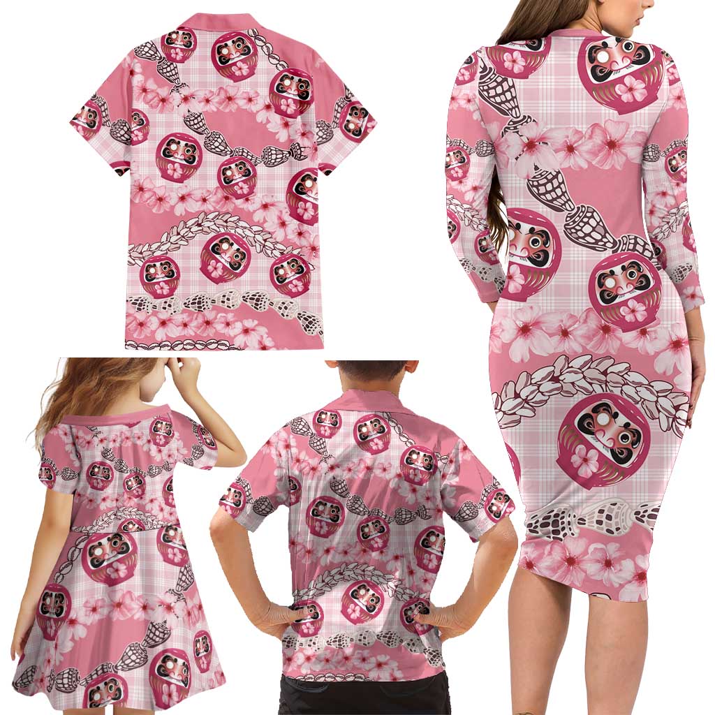 Japanese Daruma Doll Palaka Family Matching Long Sleeve Bodycon Dress and Hawaiian Shirt Cherry Blossoms With Shell Lei - Polynesian Pride
