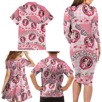 Japanese Daruma Doll Palaka Family Matching Long Sleeve Bodycon Dress and Hawaiian Shirt Cherry Blossoms With Shell Lei - Polynesian Pride