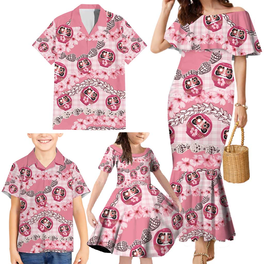 Japanese Daruma Doll Palaka Family Matching Mermaid Dress and Hawaiian Shirt Cherry Blossoms With Shell Lei - Polynesian Pride