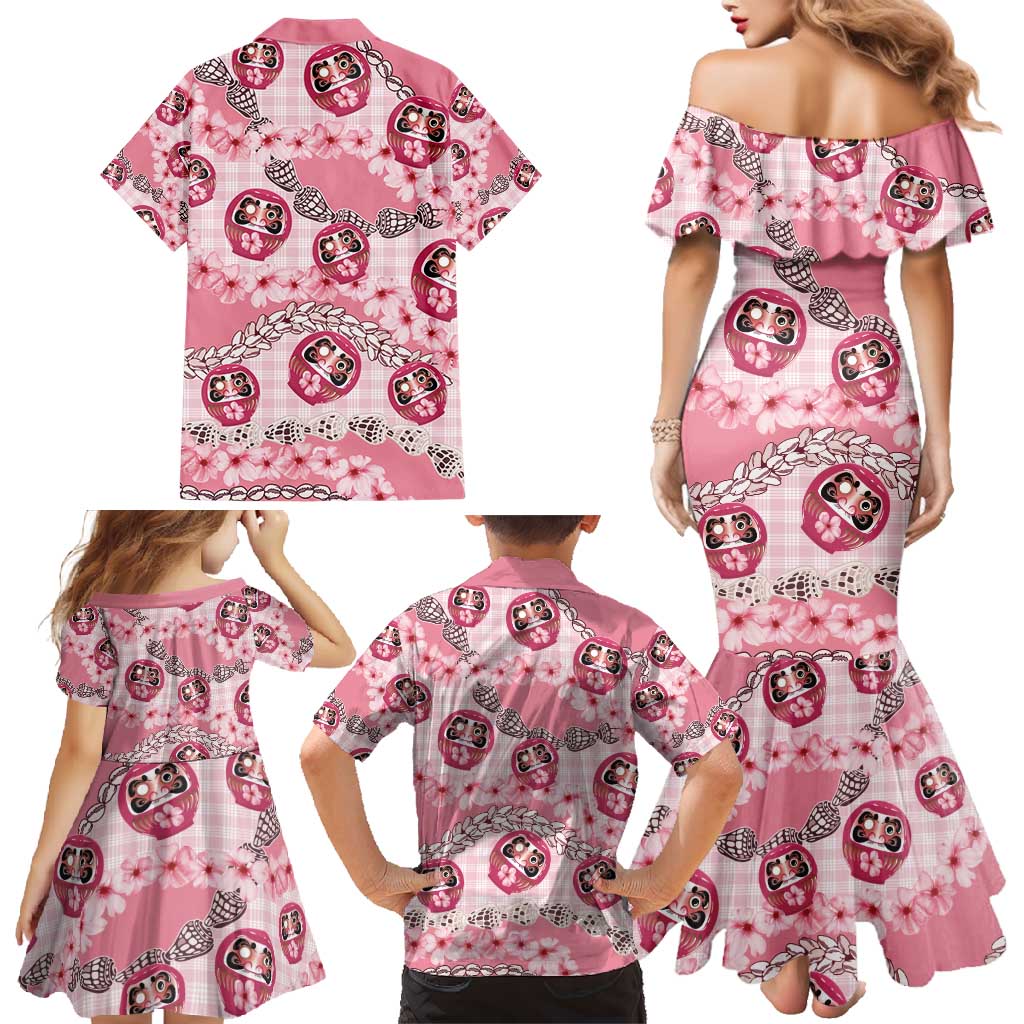 Japanese Daruma Doll Palaka Family Matching Mermaid Dress and Hawaiian Shirt Cherry Blossoms With Shell Lei - Polynesian Pride