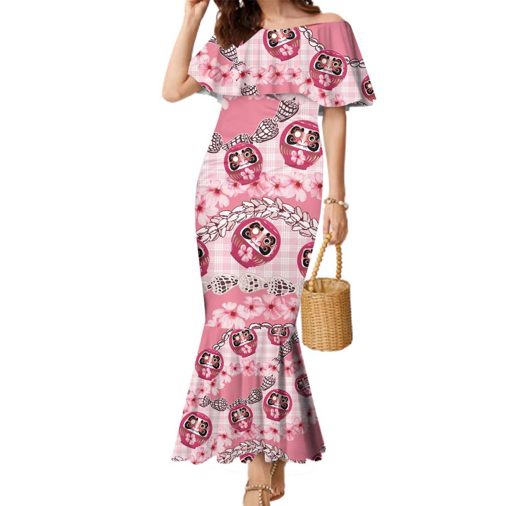 Japanese Daruma Doll Palaka Family Matching Mermaid Dress and Hawaiian Shirt Cherry Blossoms With Shell Lei - Polynesian Pride