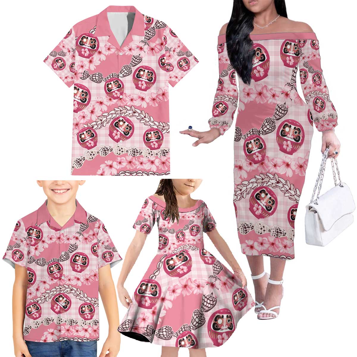 Japanese Daruma Doll Palaka Family Matching Off The Shoulder Long Sleeve Dress and Hawaiian Shirt Cherry Blossoms With Shell Lei - Polynesian Pride