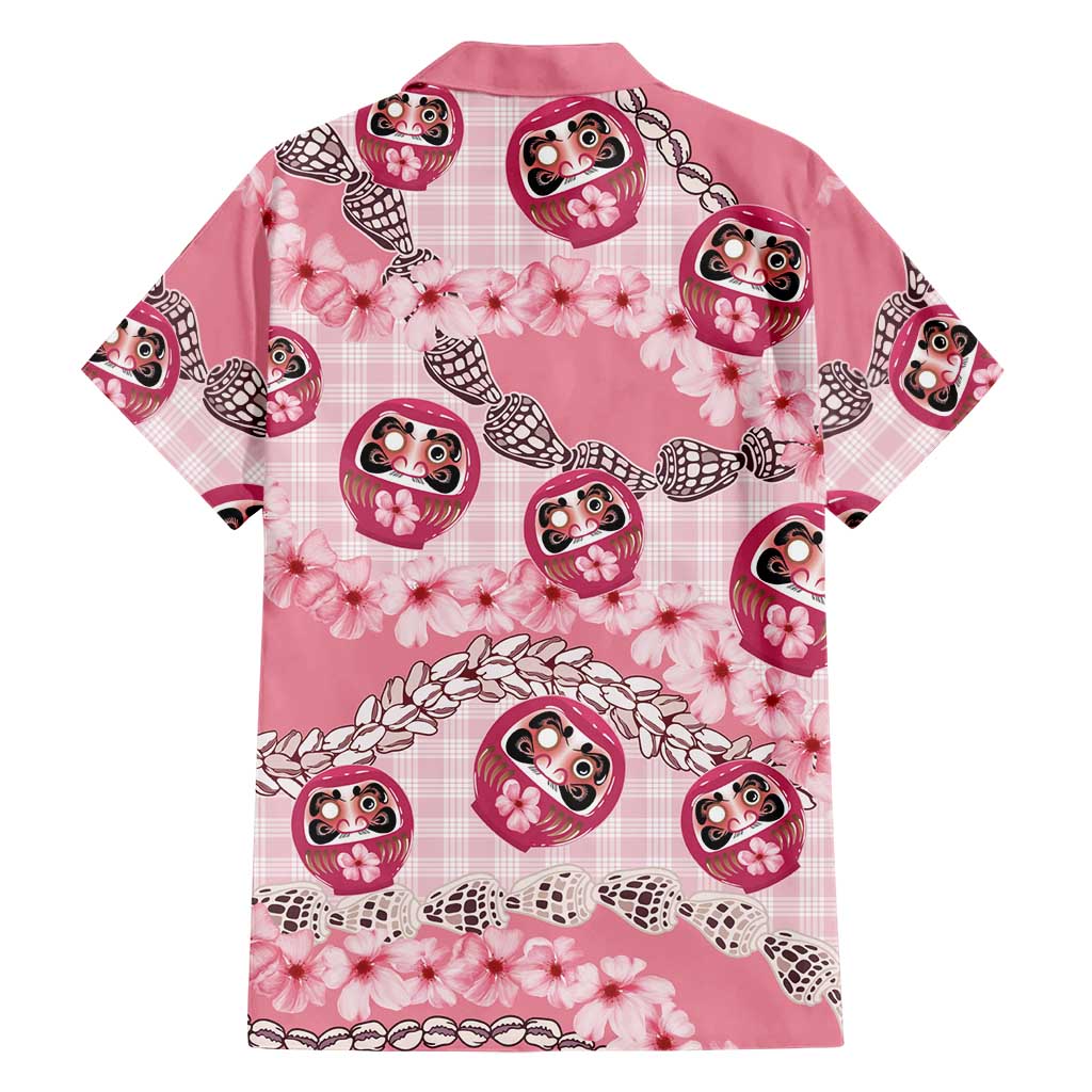Japanese Daruma Doll Palaka Family Matching Off The Shoulder Long Sleeve Dress and Hawaiian Shirt Cherry Blossoms With Shell Lei - Polynesian Pride