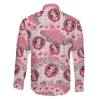 Japanese Daruma Doll Palaka Family Matching Off The Shoulder Long Sleeve Dress and Hawaiian Shirt Cherry Blossoms With Shell Lei - Polynesian Pride