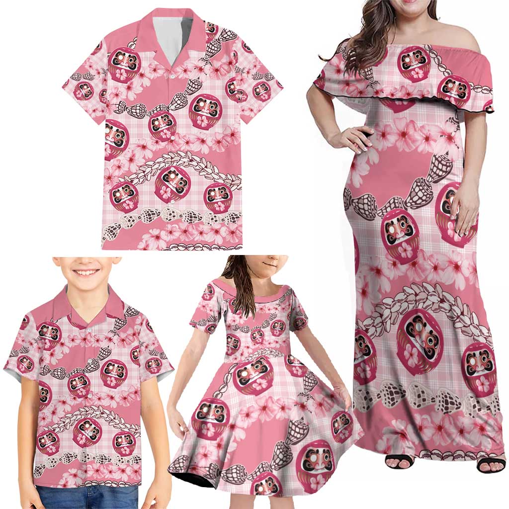 Japanese Daruma Doll Palaka Family Matching Off Shoulder Maxi Dress and Hawaiian Shirt Cherry Blossoms With Shell Lei - Polynesian Pride