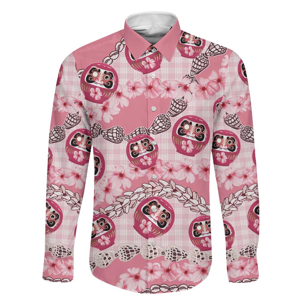 Japanese Daruma Doll Palaka Family Matching Off Shoulder Maxi Dress and Hawaiian Shirt Cherry Blossoms With Shell Lei - Polynesian Pride