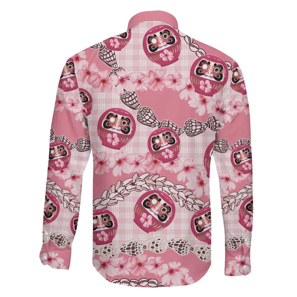 Japanese Daruma Doll Palaka Family Matching Off Shoulder Maxi Dress and Hawaiian Shirt Cherry Blossoms With Shell Lei - Polynesian Pride