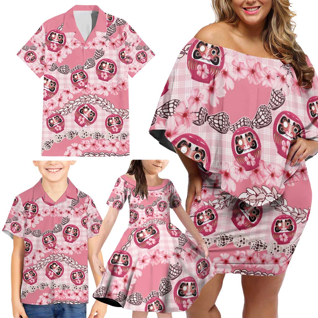 Japanese Daruma Doll Palaka Family Matching Off Shoulder Short Dress and Hawaiian Shirt Cherry Blossoms With Shell Lei - Polynesian Pride