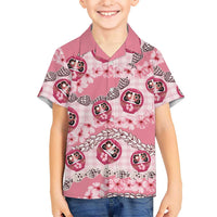Japanese Daruma Doll Palaka Family Matching Off Shoulder Short Dress and Hawaiian Shirt Cherry Blossoms With Shell Lei - Polynesian Pride