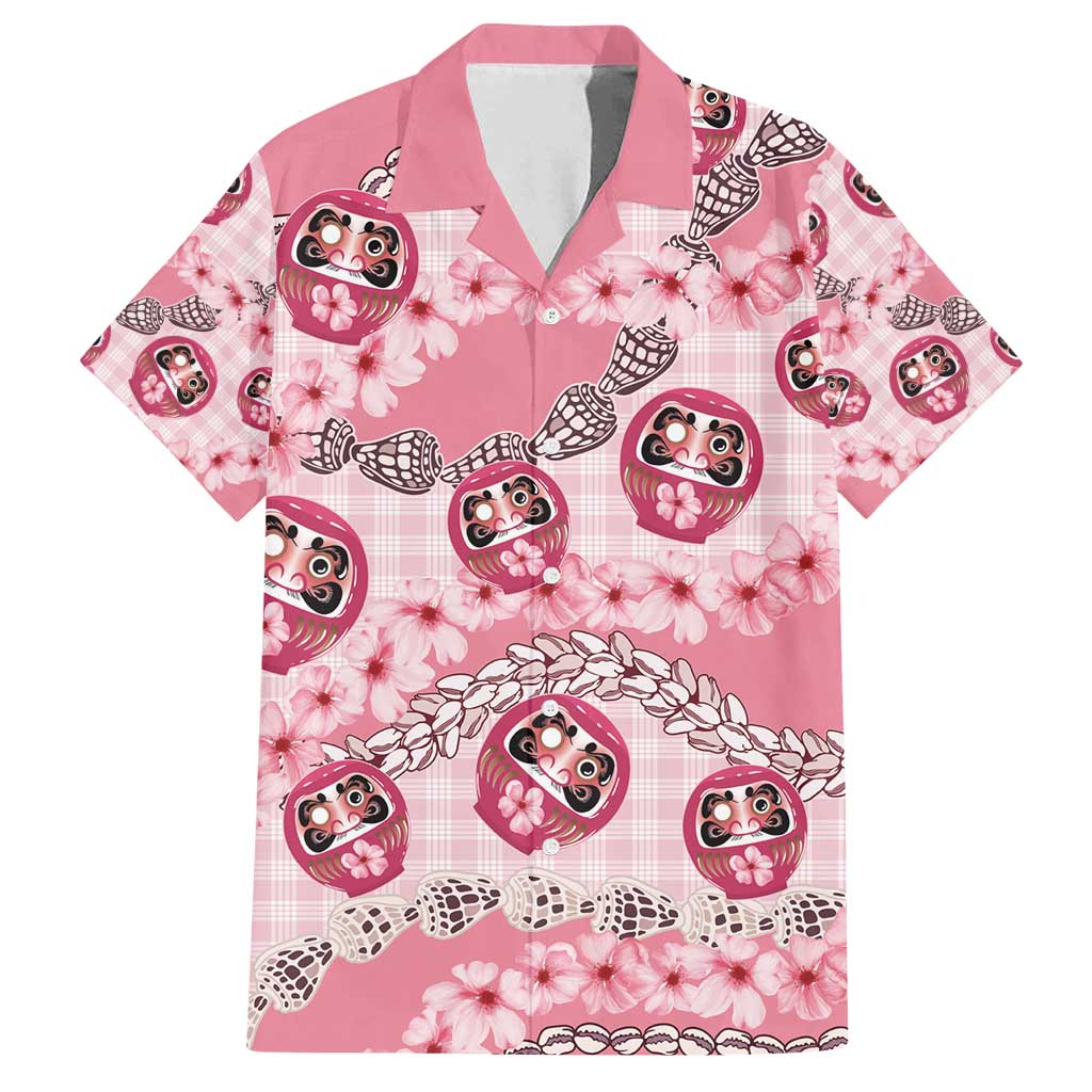 Japanese Daruma Doll Palaka Family Matching Puletasi and Hawaiian Shirt Cherry Blossoms With Shell Lei - Polynesian Pride