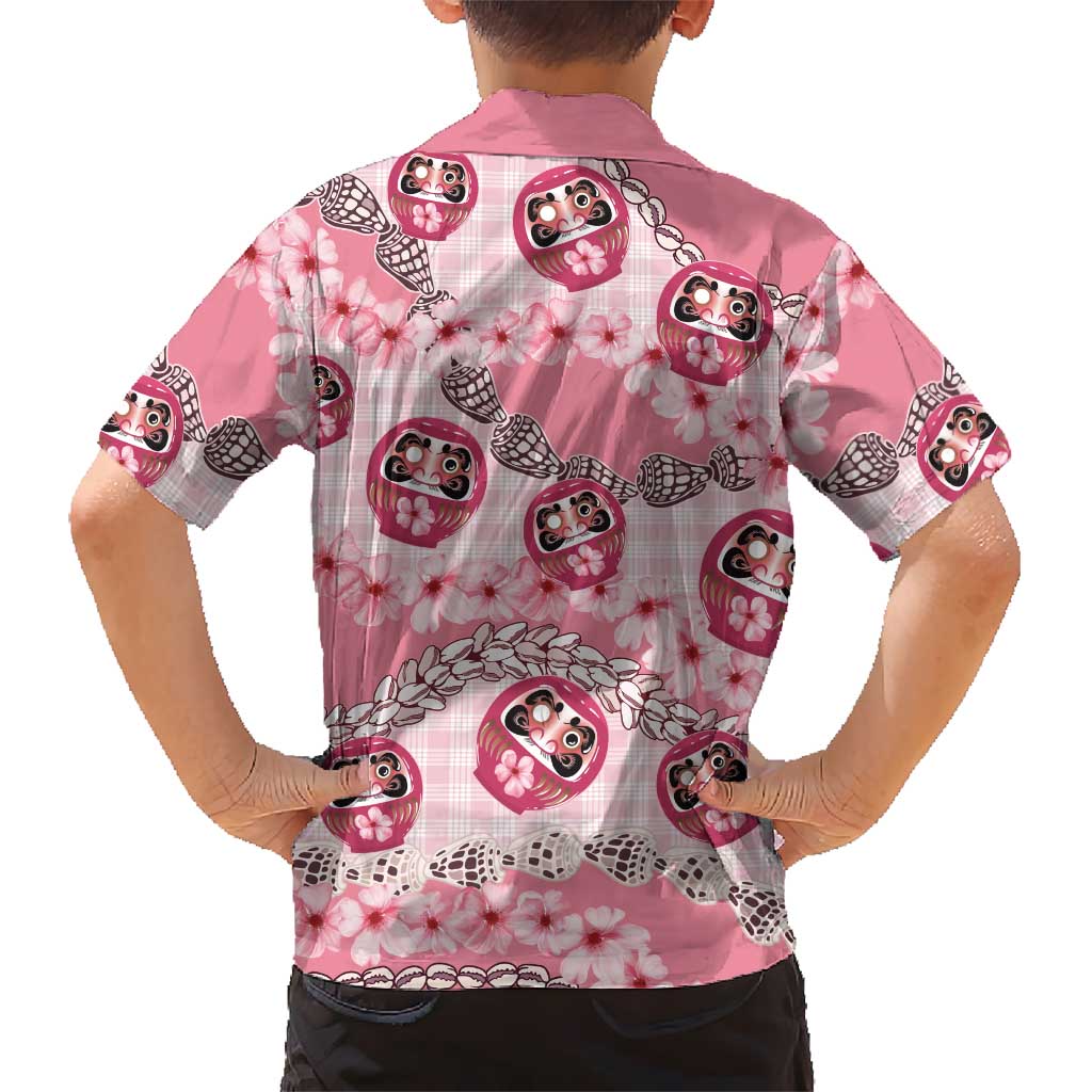 Japanese Daruma Doll Palaka Family Matching Short Sleeve Bodycon Dress and Hawaiian Shirt Cherry Blossoms With Shell Lei - Polynesian Pride