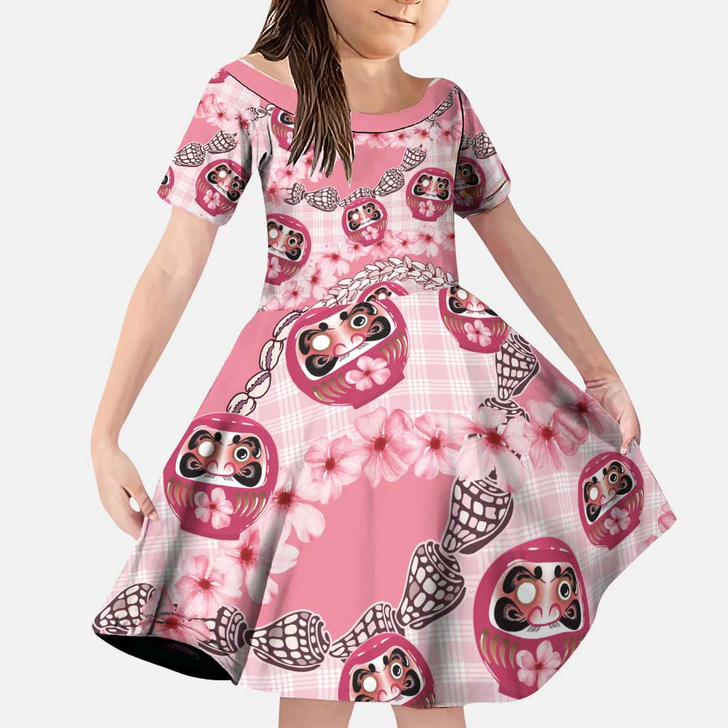 Japanese Daruma Doll Palaka Family Matching Short Sleeve Bodycon Dress and Hawaiian Shirt Cherry Blossoms With Shell Lei - Polynesian Pride