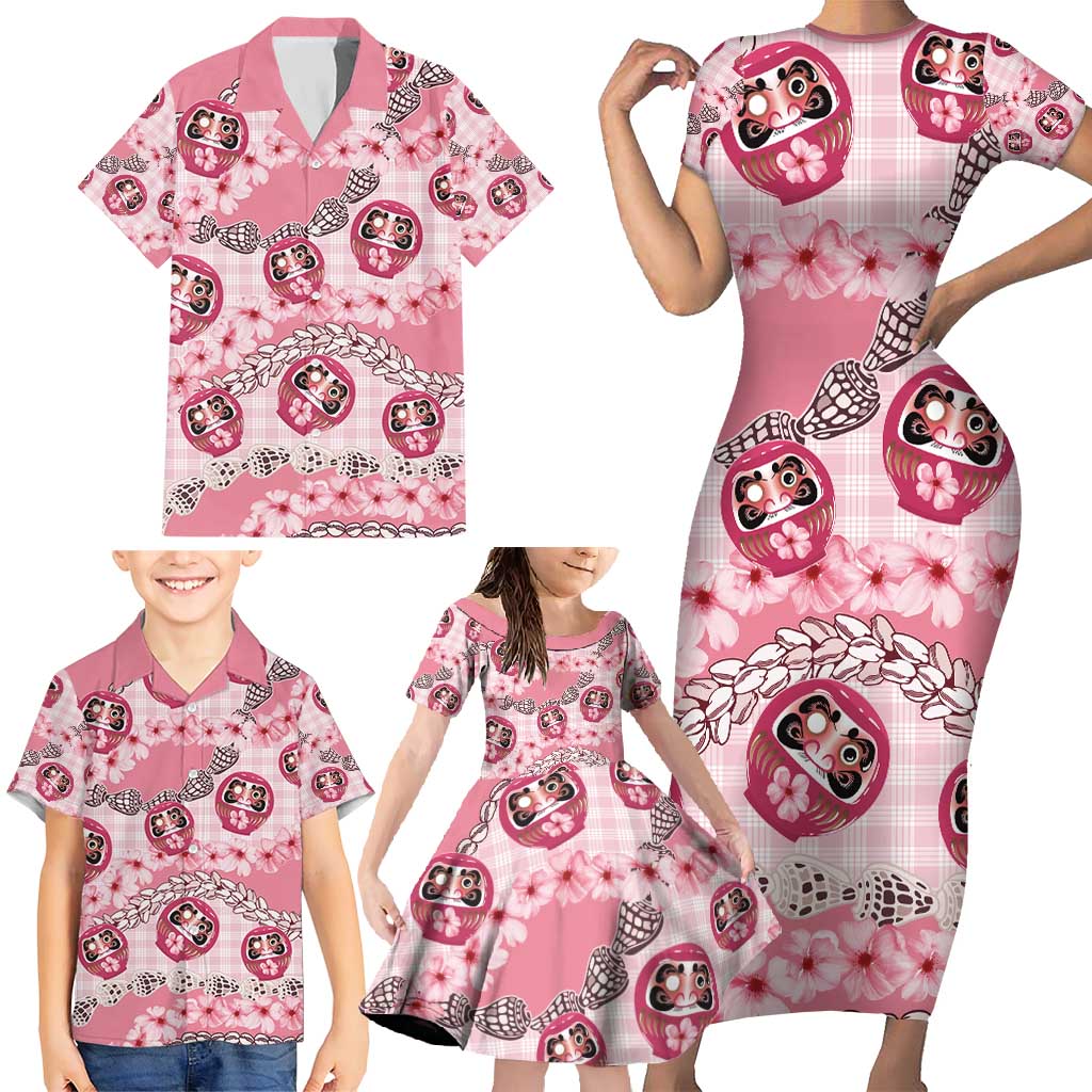 Japanese Daruma Doll Palaka Family Matching Short Sleeve Bodycon Dress and Hawaiian Shirt Cherry Blossoms With Shell Lei - Polynesian Pride