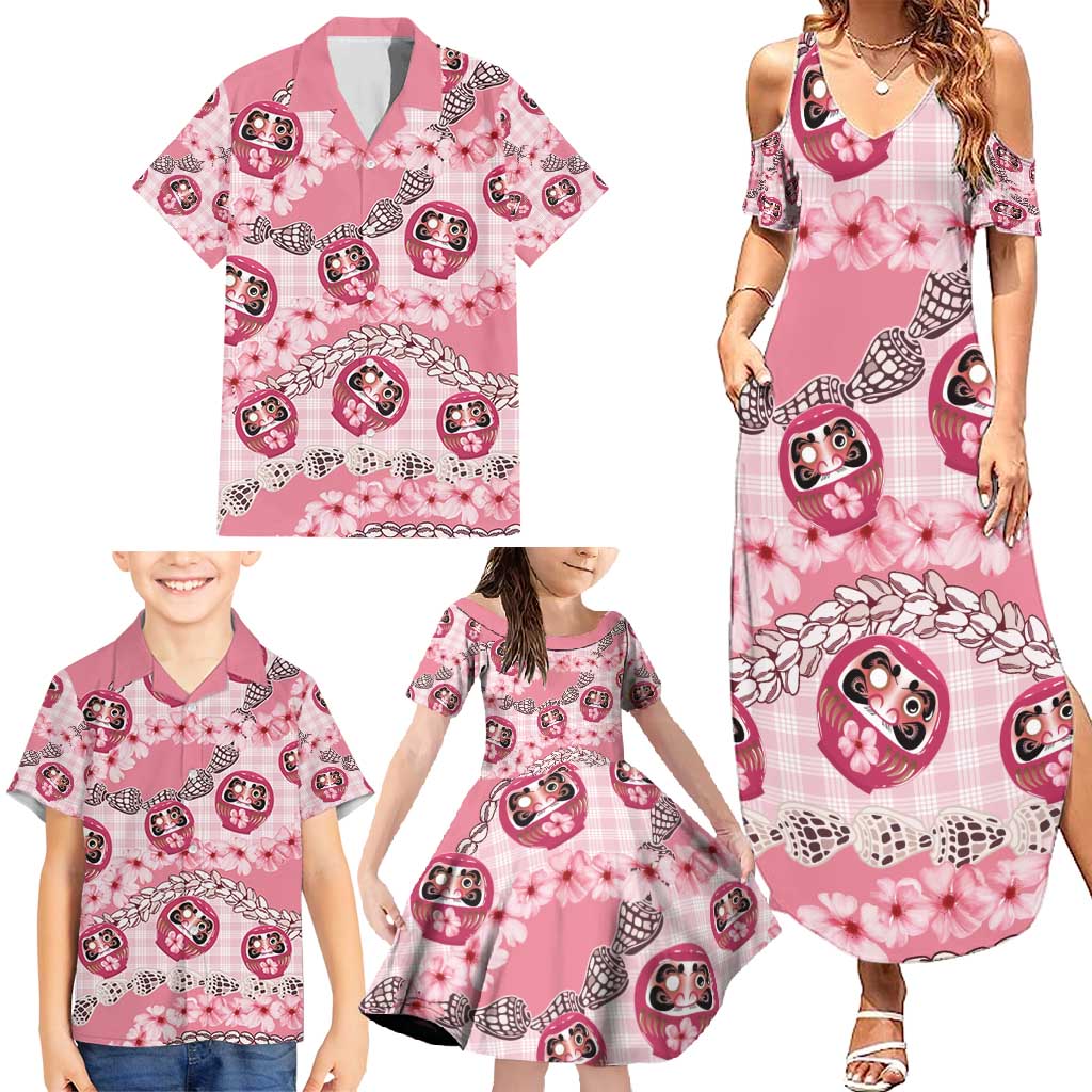 Japanese Daruma Doll Palaka Family Matching Summer Maxi Dress and Hawaiian Shirt Cherry Blossoms With Shell Lei - Polynesian Pride