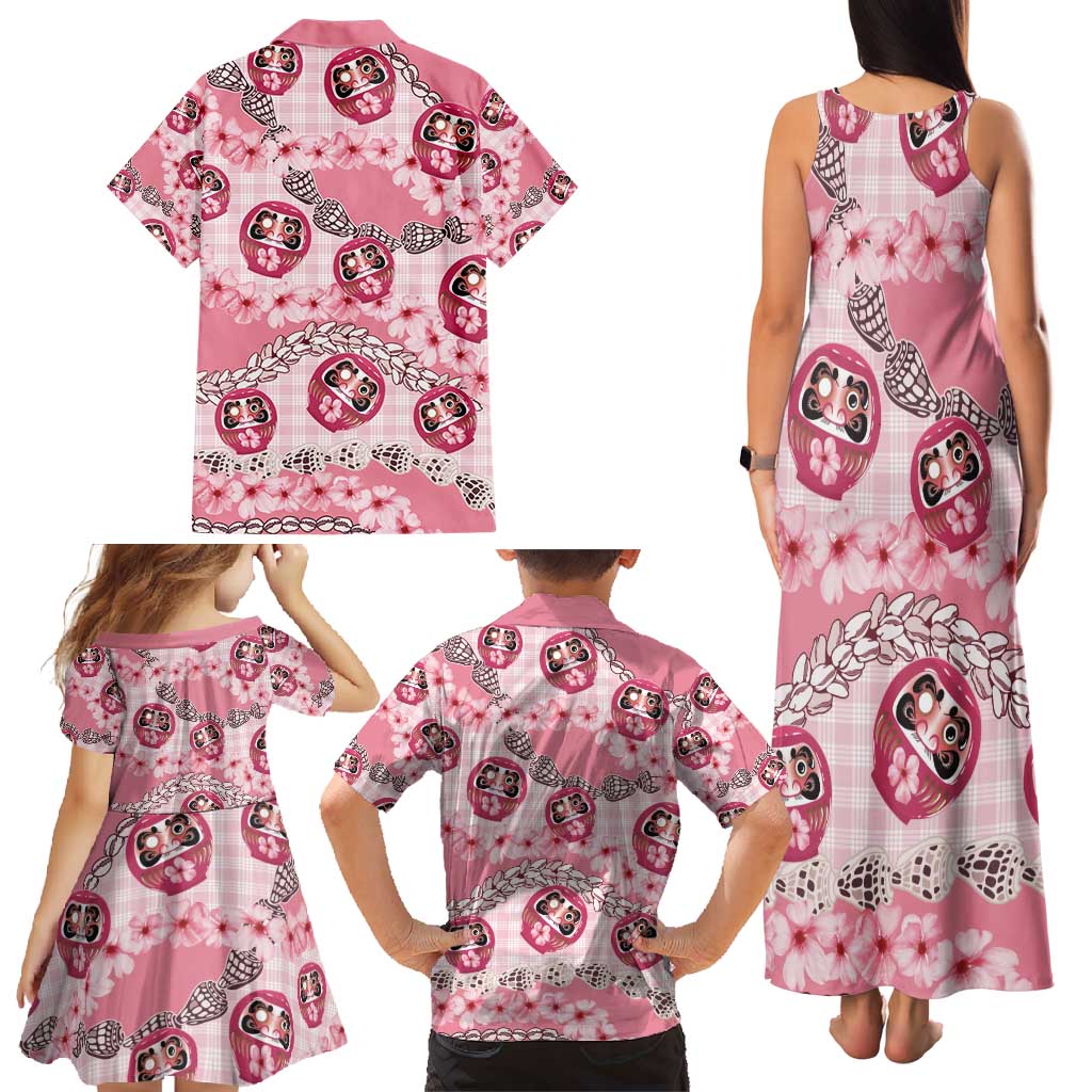 Japanese Daruma Doll Palaka Family Matching Tank Maxi Dress and Hawaiian Shirt Cherry Blossoms With Shell Lei - Polynesian Pride