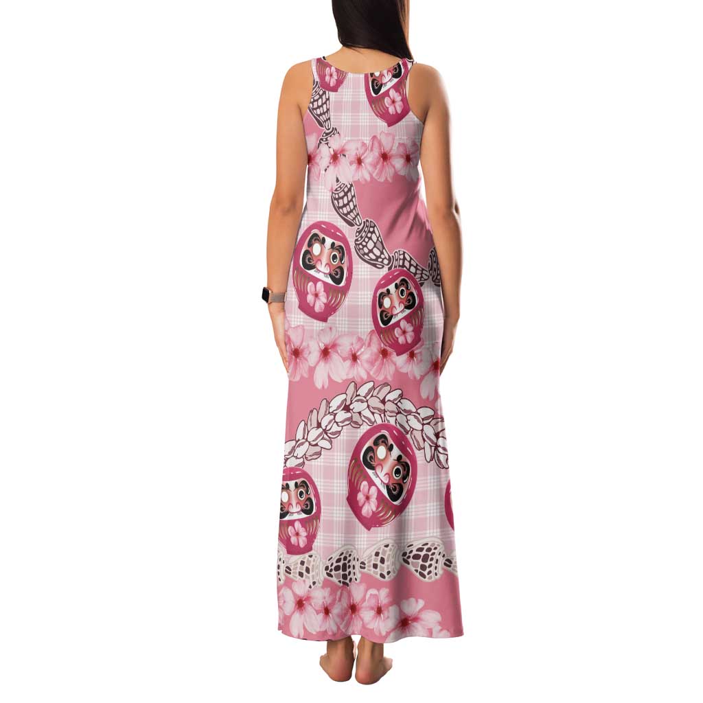 Japanese Daruma Doll Palaka Family Matching Tank Maxi Dress and Hawaiian Shirt Cherry Blossoms With Shell Lei - Polynesian Pride