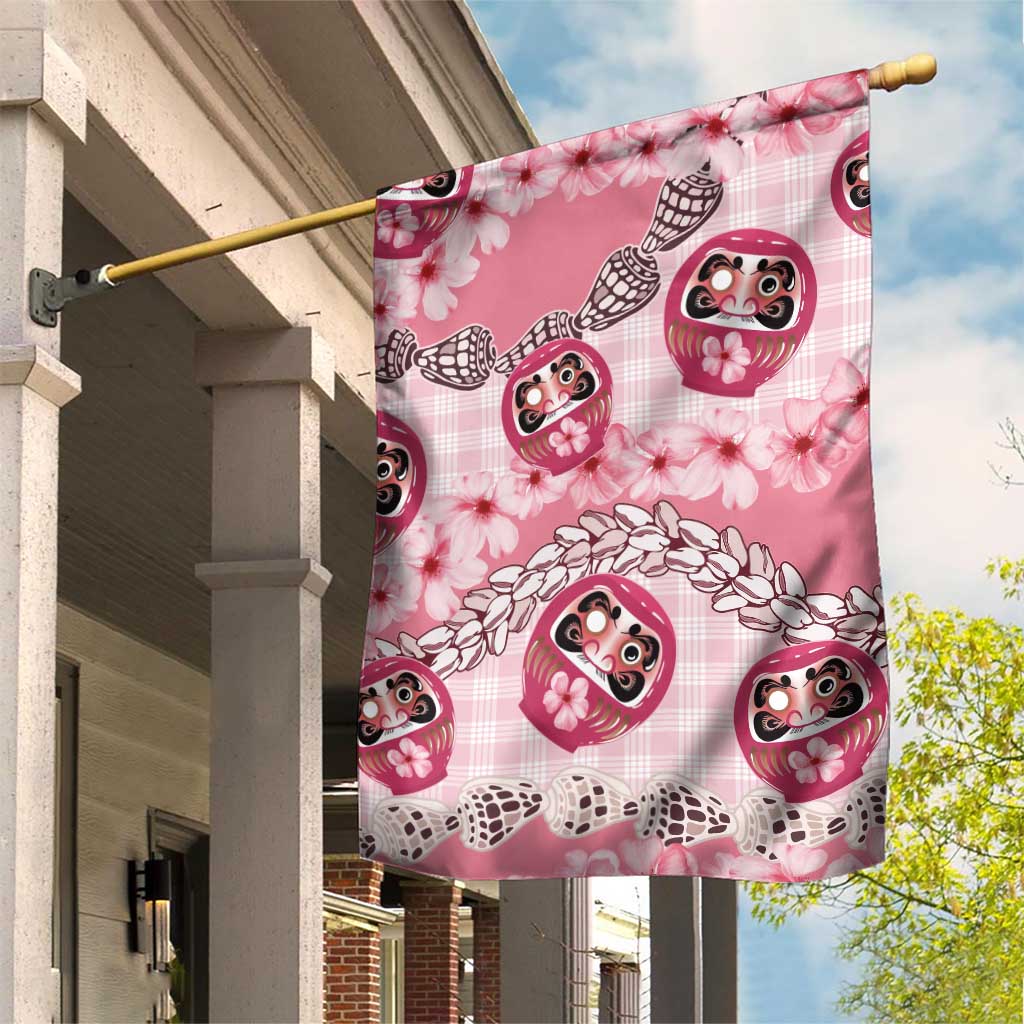 Japanese Daruma Doll Palaka Garden Flag Cherry Blossoms With Shell Lei LT14 House Flag Pink - Polynesian Pride