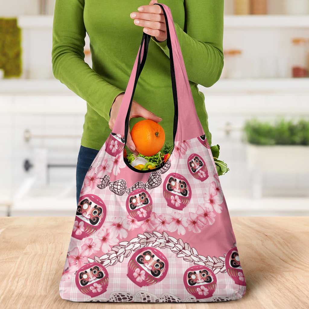 Japanese Daruma Doll Palaka Grocery Bag Cherry Blossoms With Shell Lei - Polynesian Pride