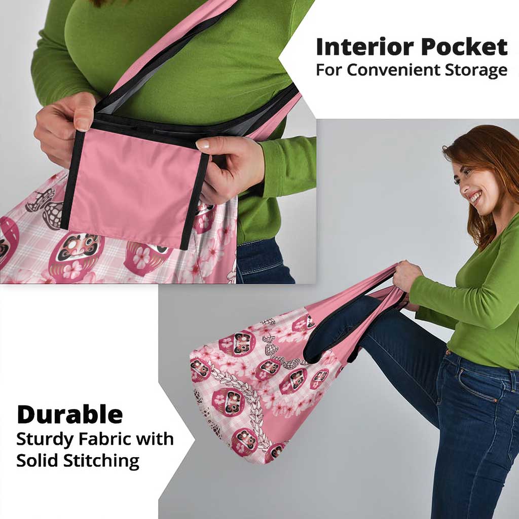 Japanese Daruma Doll Palaka Grocery Bag Cherry Blossoms With Shell Lei - Polynesian Pride