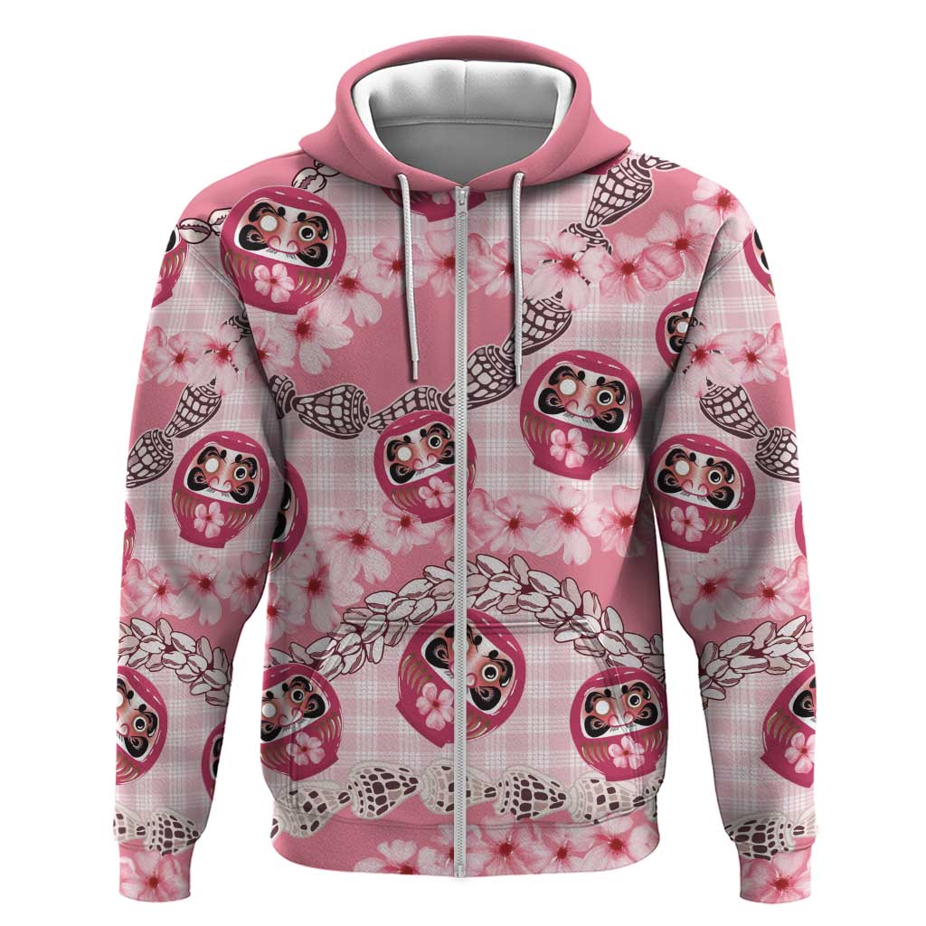 Japanese Daruma Doll Palaka Hoodie Cherry Blossoms With Shell Lei - Polynesian Pride
