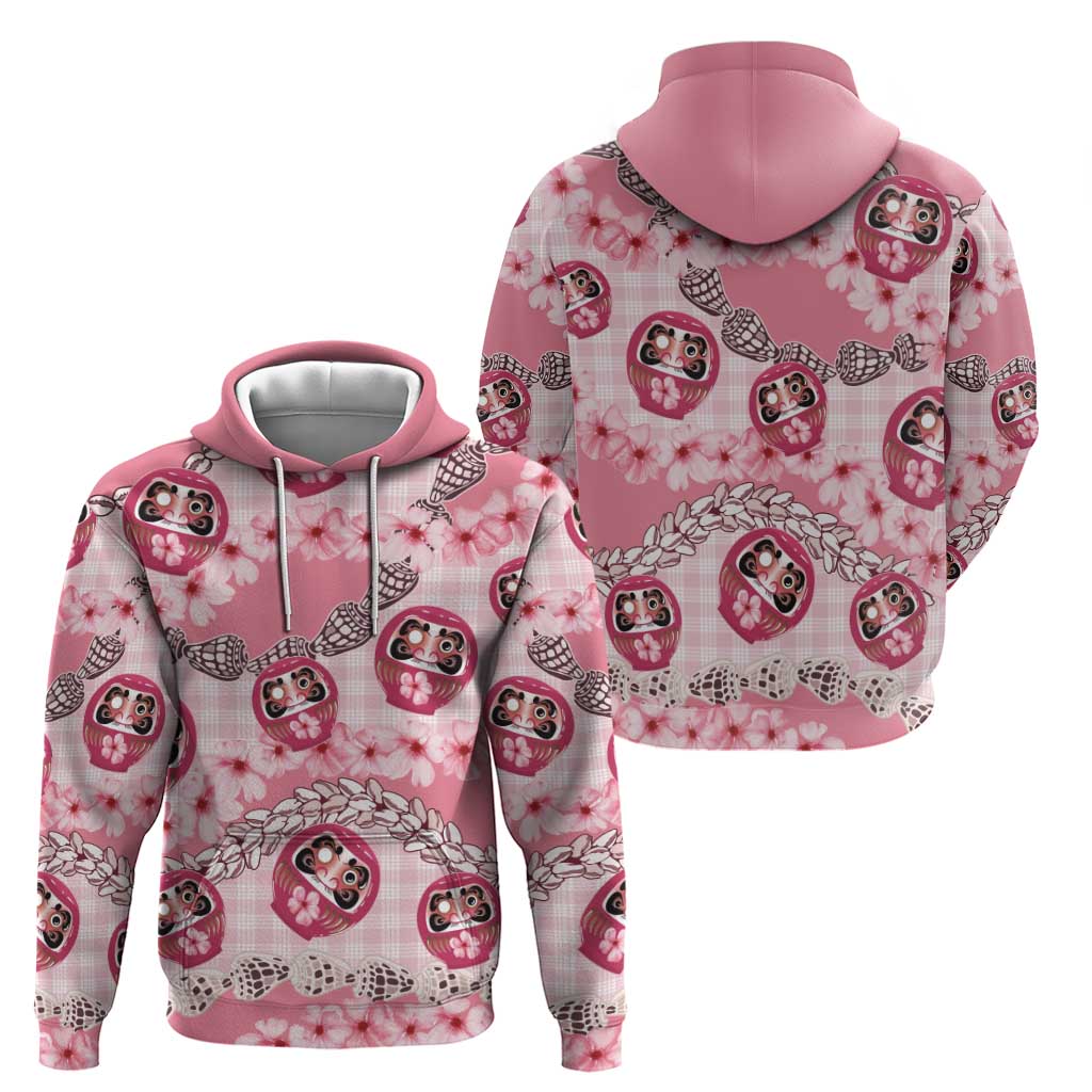 Japanese Daruma Doll Palaka Hoodie Cherry Blossoms With Shell Lei - Polynesian Pride