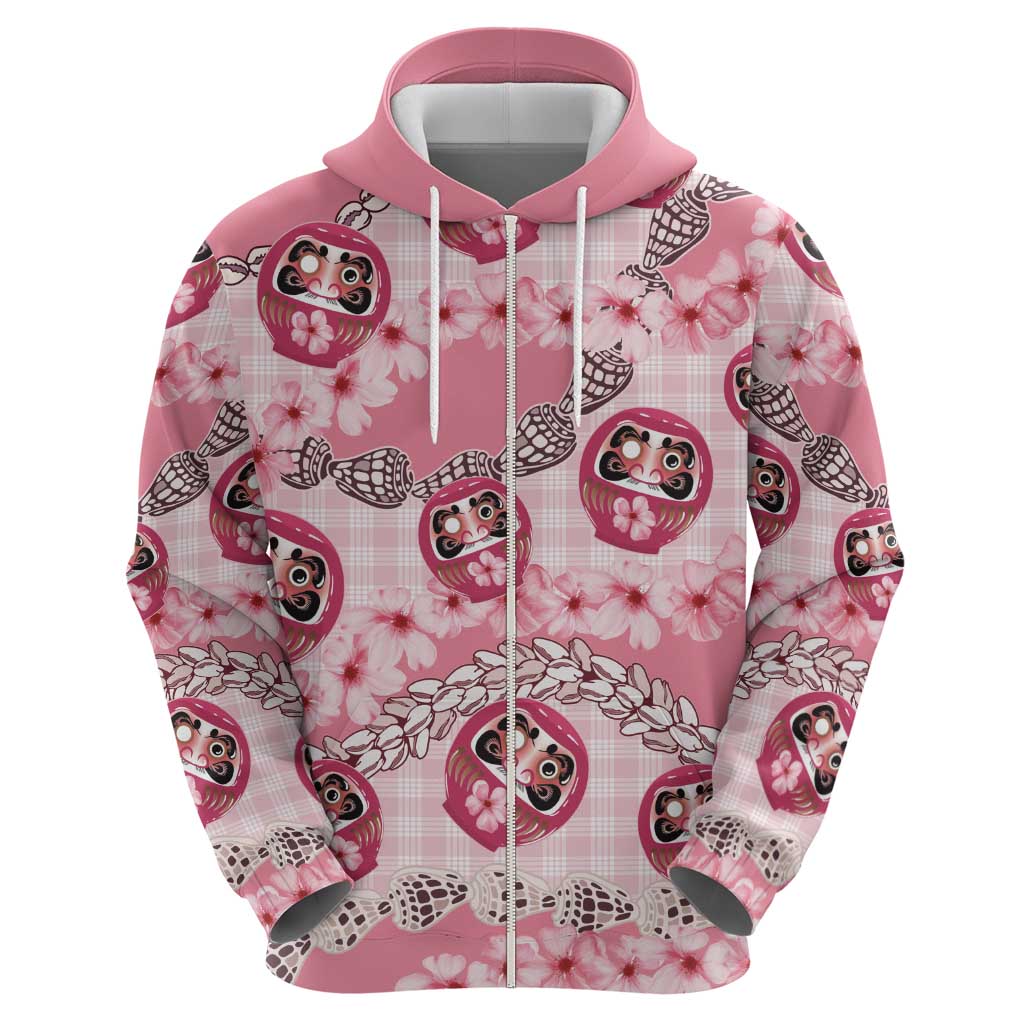 Japanese Daruma Doll Palaka Hoodie Cherry Blossoms With Shell Lei - Polynesian Pride