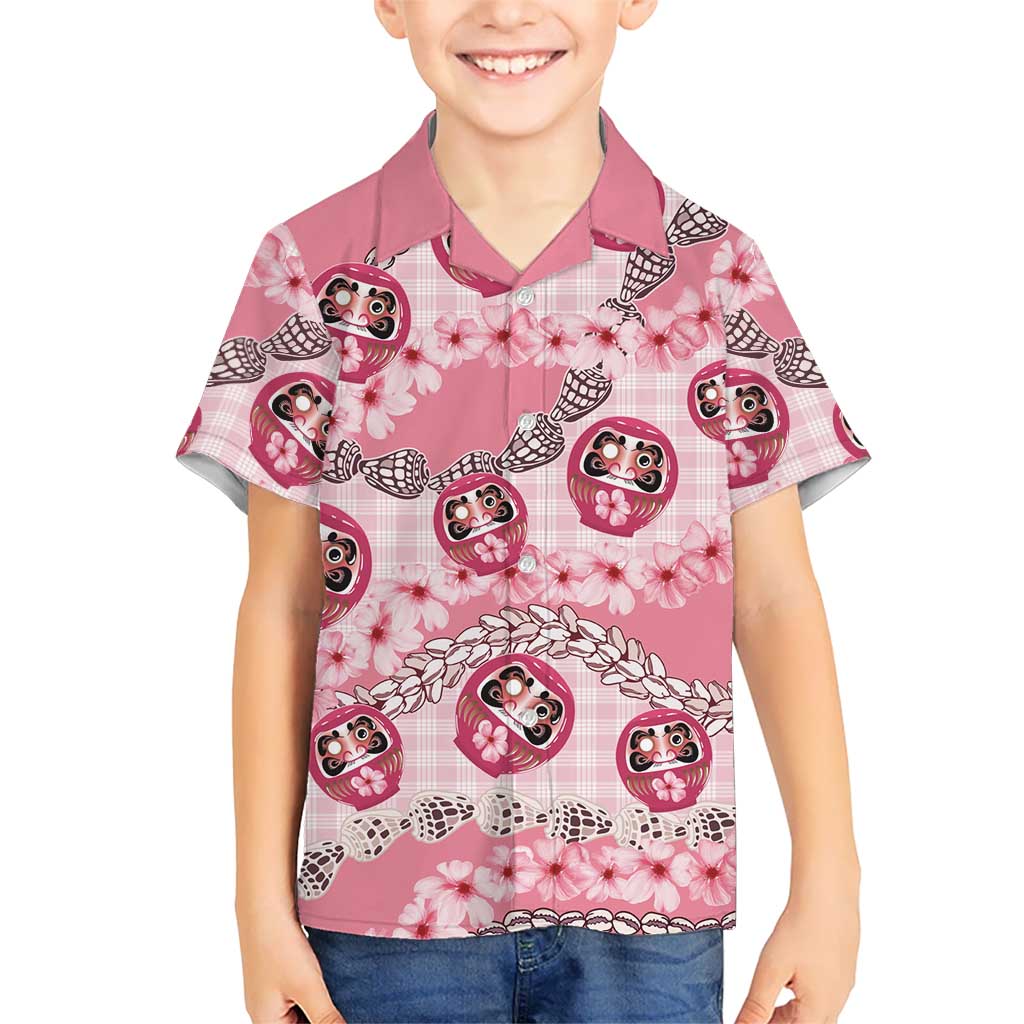 Japanese Daruma Doll Palaka Kid Hawaiian Shirt Cherry Blossoms With Shell Lei LT14 Kid Pink - Polynesian Pride
