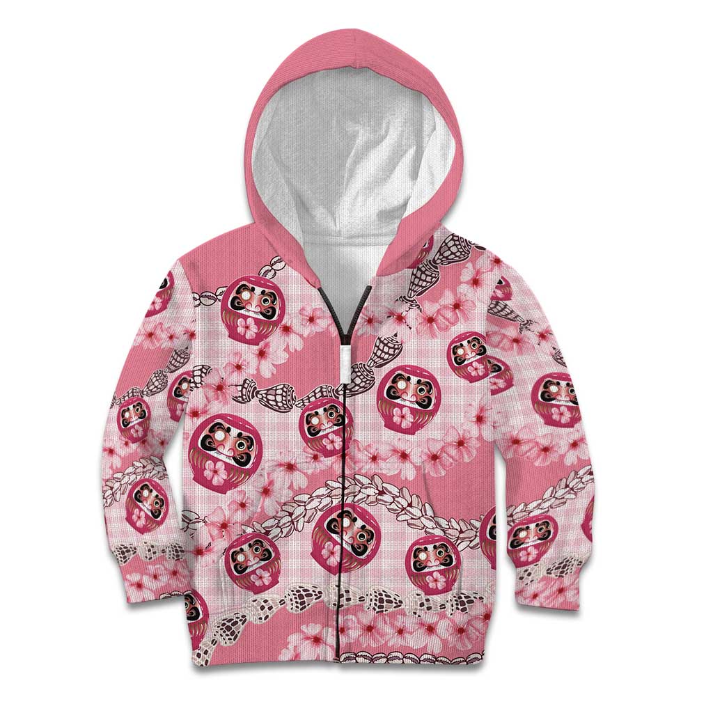Japanese Daruma Doll Palaka Kid Hoodie Cherry Blossoms With Shell Lei LT14 Zip Hoodie Pink - Polynesian Pride