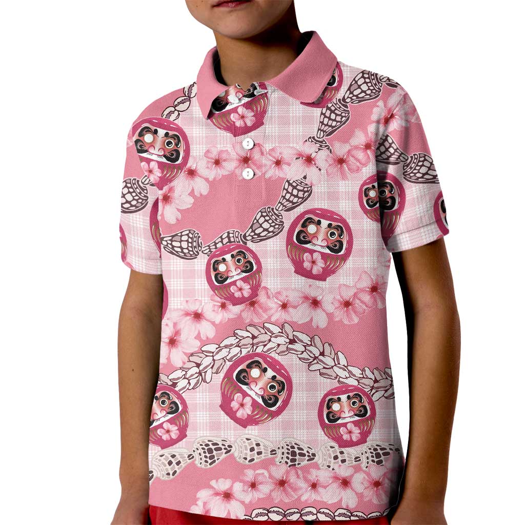 Japanese Daruma Doll Palaka Kid Polo Shirt Cherry Blossoms With Shell Lei LT14 Kid Pink - Polynesian Pride