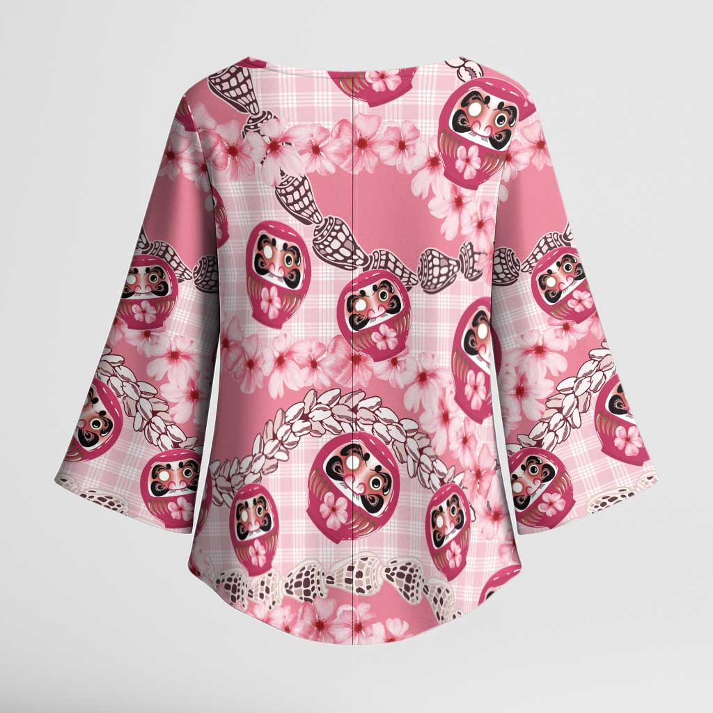 Japanese Daruma Doll Palaka Kimono Sleeve Blouse Cherry Blossoms With Shell Lei LT14 - Polynesian Pride