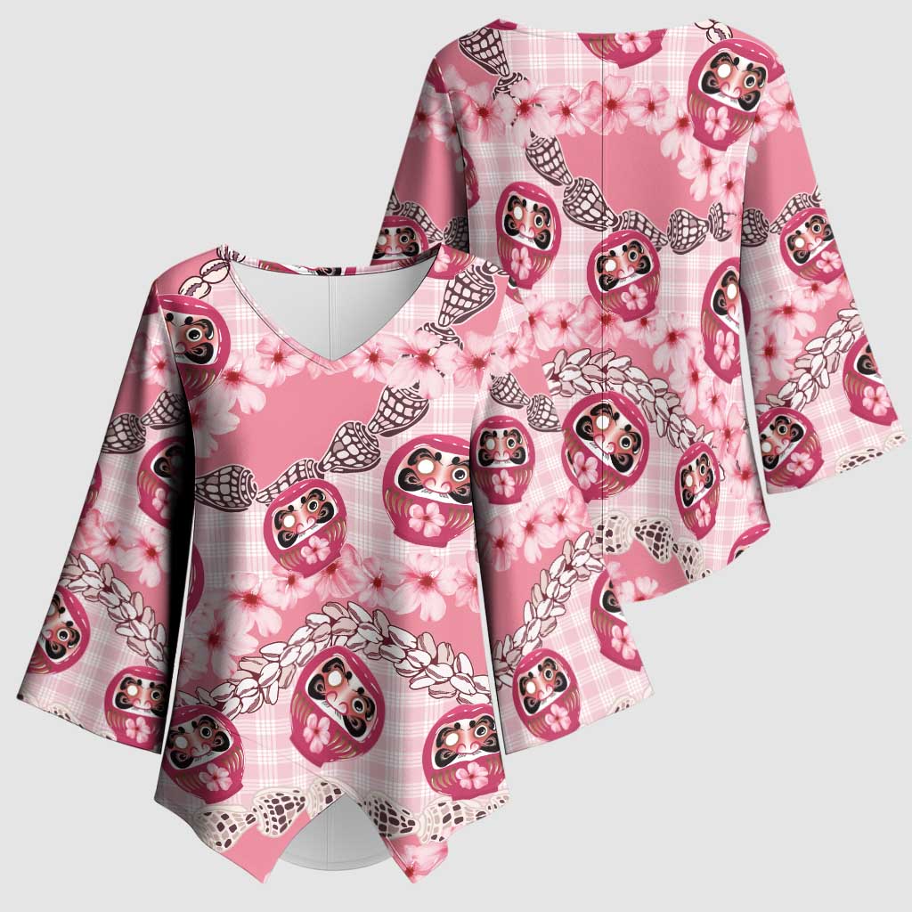 Japanese Daruma Doll Palaka Kimono Sleeve Blouse Cherry Blossoms With Shell Lei LT14 - Polynesian Pride
