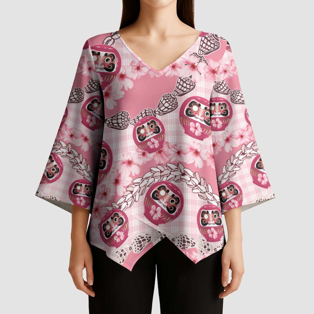 Japanese Daruma Doll Palaka Kimono Sleeve Blouse Cherry Blossoms With Shell Lei LT14 - Polynesian Pride