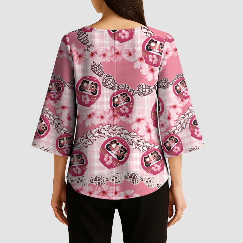 Japanese Daruma Doll Palaka Kimono Sleeve Blouse Cherry Blossoms With Shell Lei LT14 - Polynesian Pride