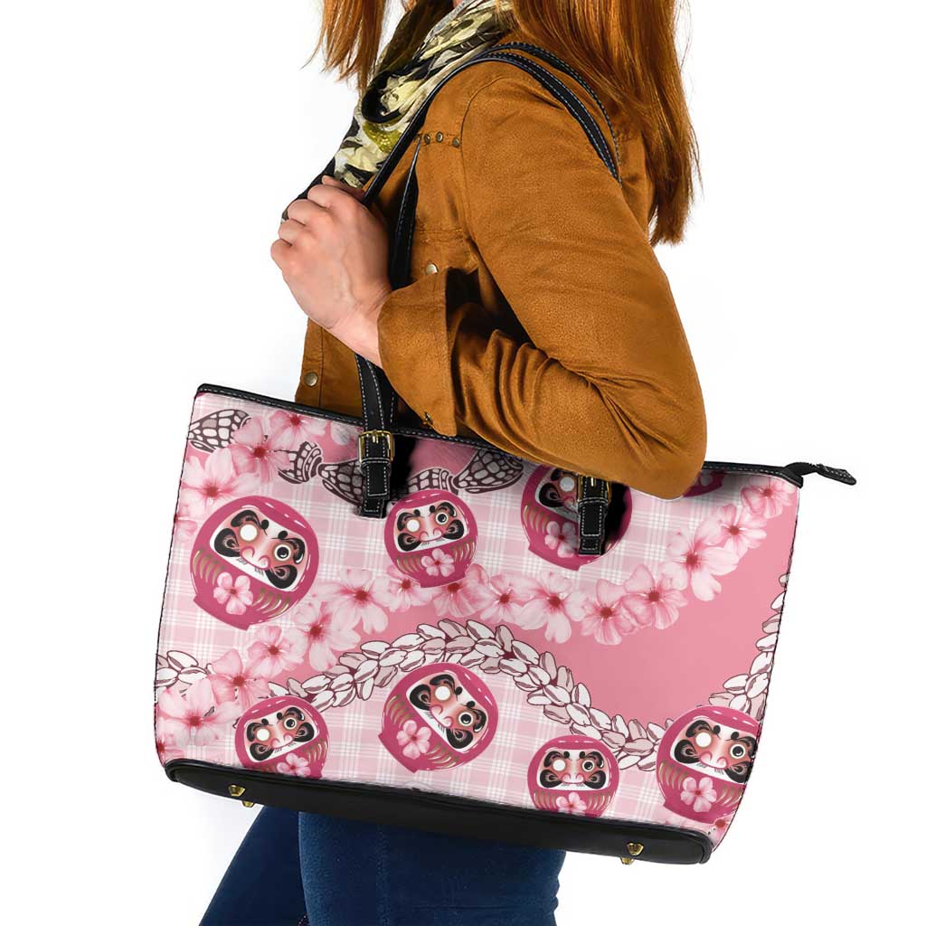 Japanese Daruma Doll Palaka Leather Tote Bag Cherry Blossoms With Shell Lei LT14 Pink - Polynesian Pride
