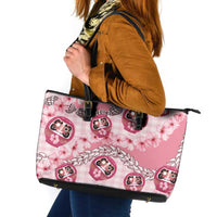 Japanese Daruma Doll Palaka Leather Tote Bag Cherry Blossoms With Shell Lei LT14 Pink - Polynesian Pride