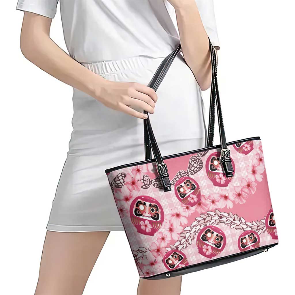Japanese Daruma Doll Palaka Leather Tote Bag Cherry Blossoms With Shell Lei LT14 - Polynesian Pride