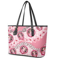 Japanese Daruma Doll Palaka Leather Tote Bag Cherry Blossoms With Shell Lei LT14 - Polynesian Pride