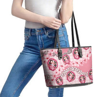 Japanese Daruma Doll Palaka Leather Tote Bag Cherry Blossoms With Shell Lei LT14 - Polynesian Pride