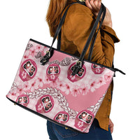 Japanese Daruma Doll Palaka Leather Tote Bag Cherry Blossoms With Shell Lei LT14 - Polynesian Pride