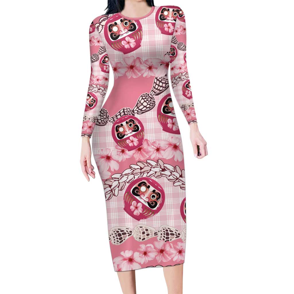 Japanese Daruma Doll Palaka Long Sleeve Bodycon Dress Cherry Blossoms With Shell Lei LT14 Long Dress Pink - Polynesian Pride
