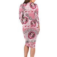 Japanese Daruma Doll Palaka Long Sleeve Bodycon Dress Cherry Blossoms With Shell Lei LT14 - Polynesian Pride