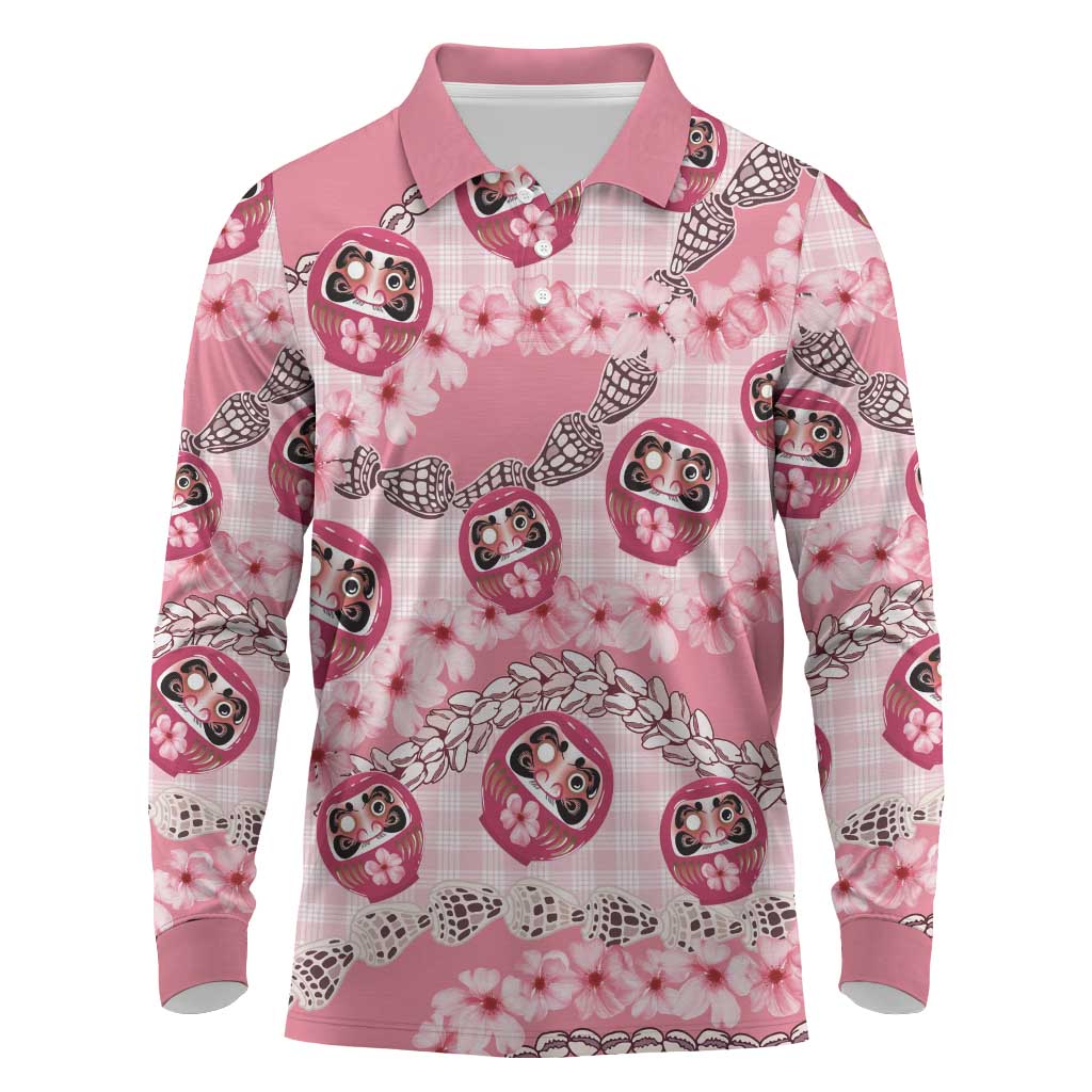 Japanese Daruma Doll Palaka Long Sleeve Polo Shirt Cherry Blossoms With Shell Lei LT14 Pink - Polynesian Pride