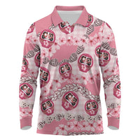 Japanese Daruma Doll Palaka Long Sleeve Polo Shirt Cherry Blossoms With Shell Lei LT14 Pink - Polynesian Pride