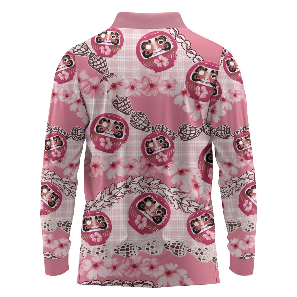 Japanese Daruma Doll Palaka Long Sleeve Polo Shirt Cherry Blossoms With Shell Lei LT14 - Polynesian Pride