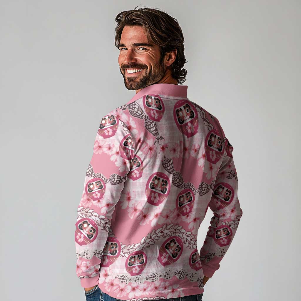 Japanese Daruma Doll Palaka Long Sleeve Polo Shirt Cherry Blossoms With Shell Lei LT14 - Polynesian Pride