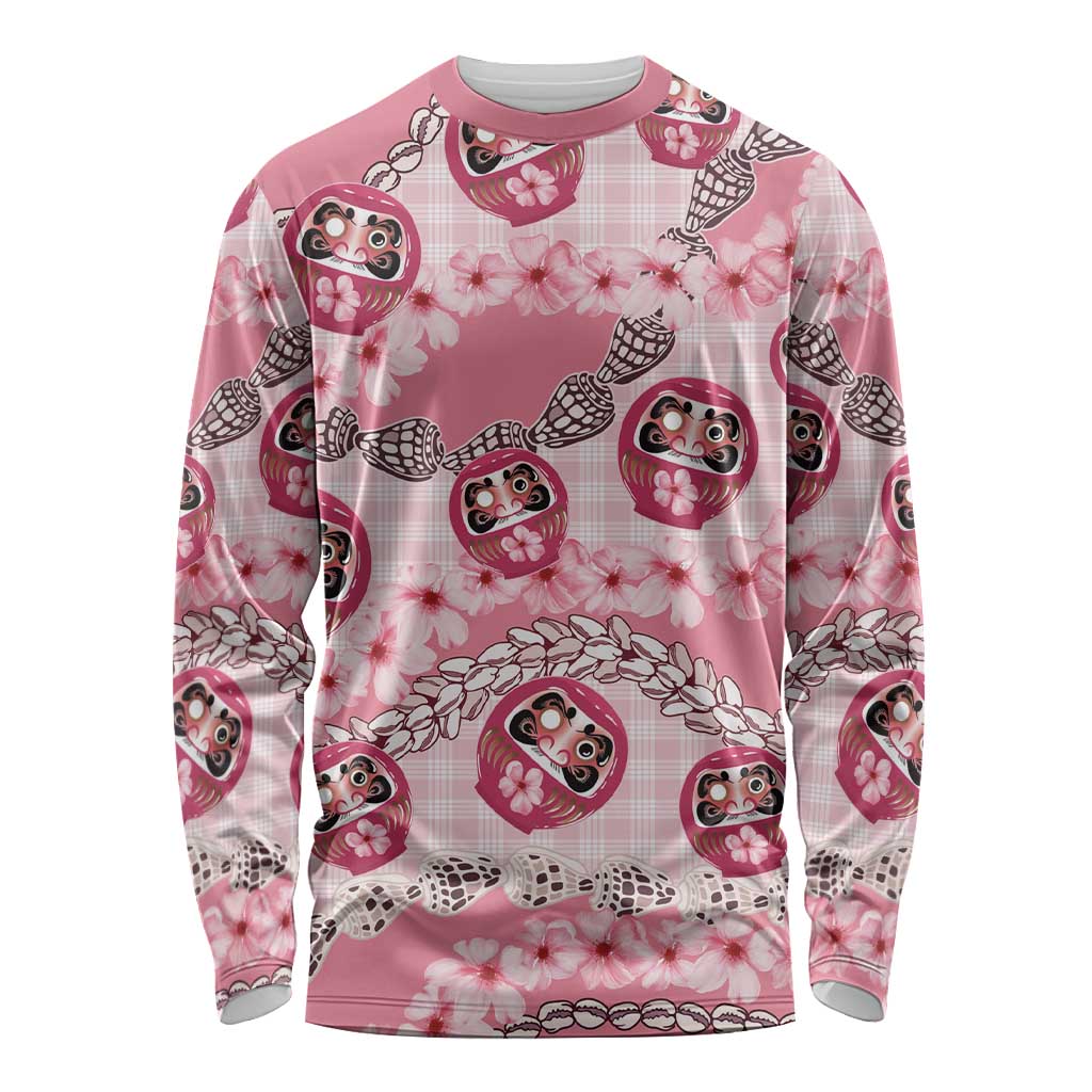 Japanese Daruma Doll Palaka Long Sleeve Shirt Cherry Blossoms With Shell Lei LT14 Unisex Pink - Polynesian Pride