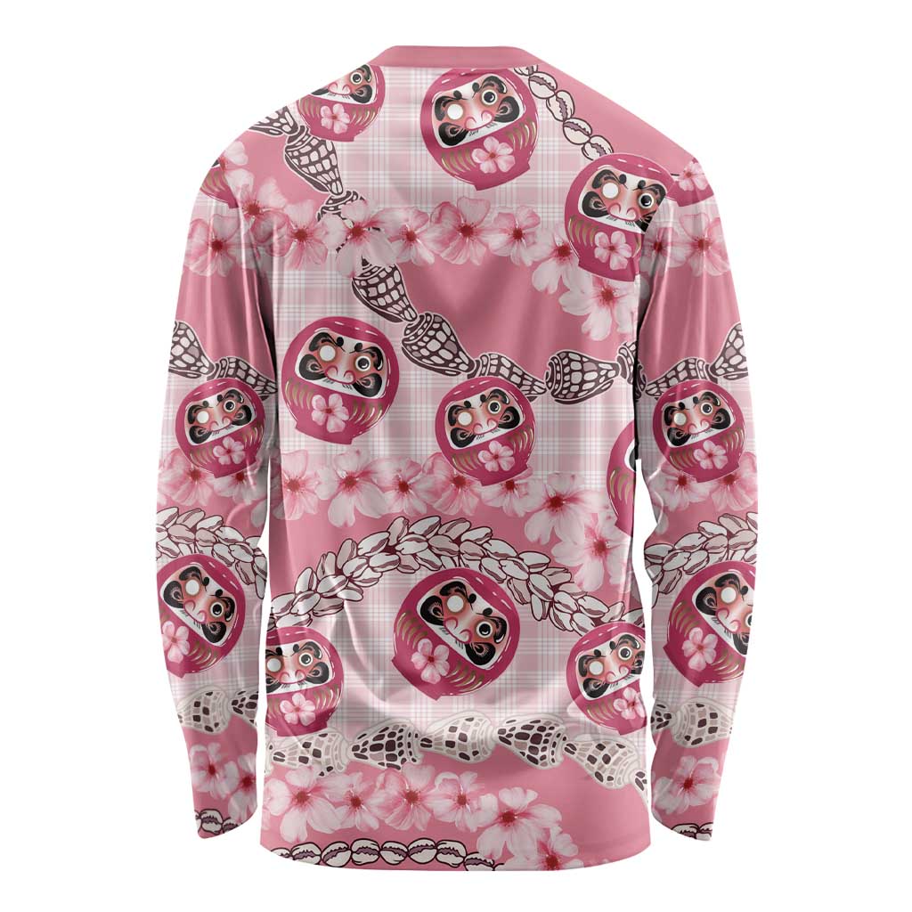 Japanese Daruma Doll Palaka Long Sleeve Shirt Cherry Blossoms With Shell Lei LT14 - Polynesian Pride