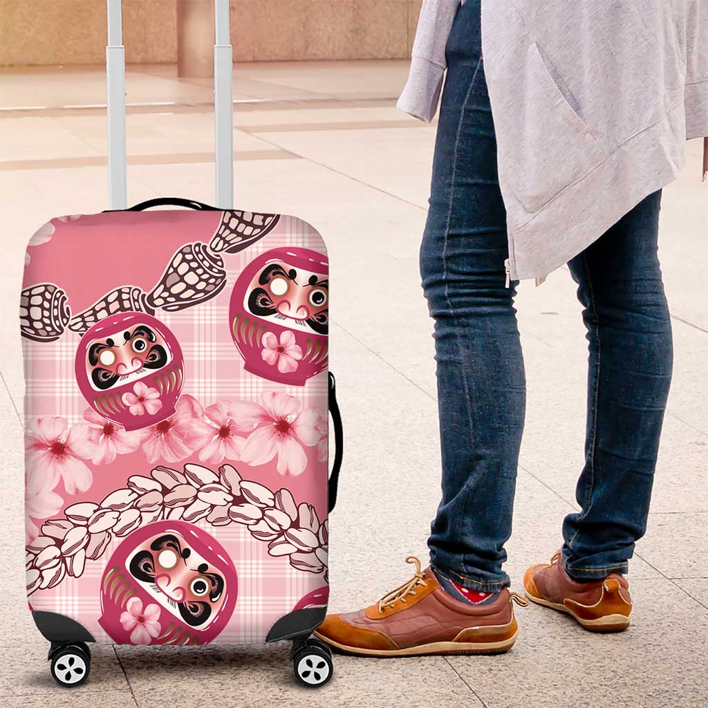 Japanese Daruma Doll Palaka Luggage Cover Cherry Blossoms With Shell Lei LT14 Pink - Polynesian Pride