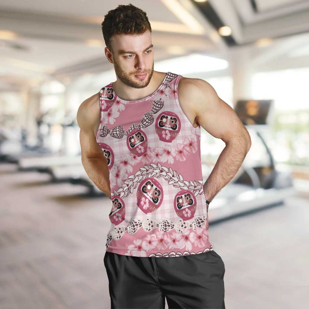 Japanese Daruma Doll Palaka Men Tank Top Cherry Blossoms With Shell Lei LT14 Pink - Polynesian Pride