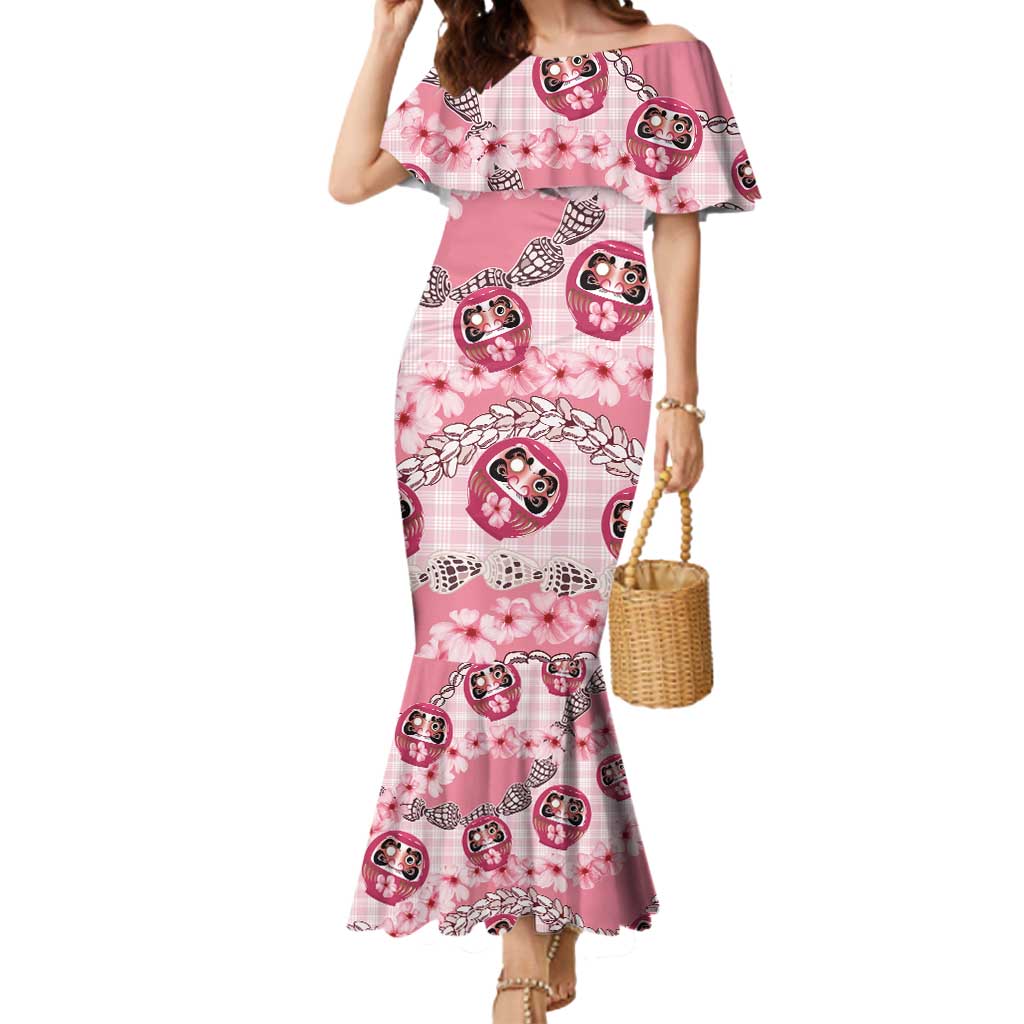Japanese Daruma Doll Palaka Mermaid Dress Cherry Blossoms With Shell Lei LT14 Women Pink - Polynesian Pride